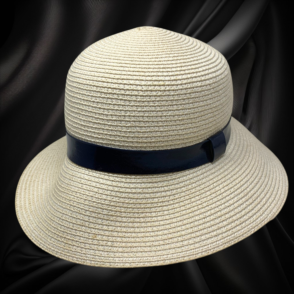 Global Glamour Raffia Hat White Tall Crown 3.5" Brim Navy Band O/S Adjustable - Picture 2 of 10